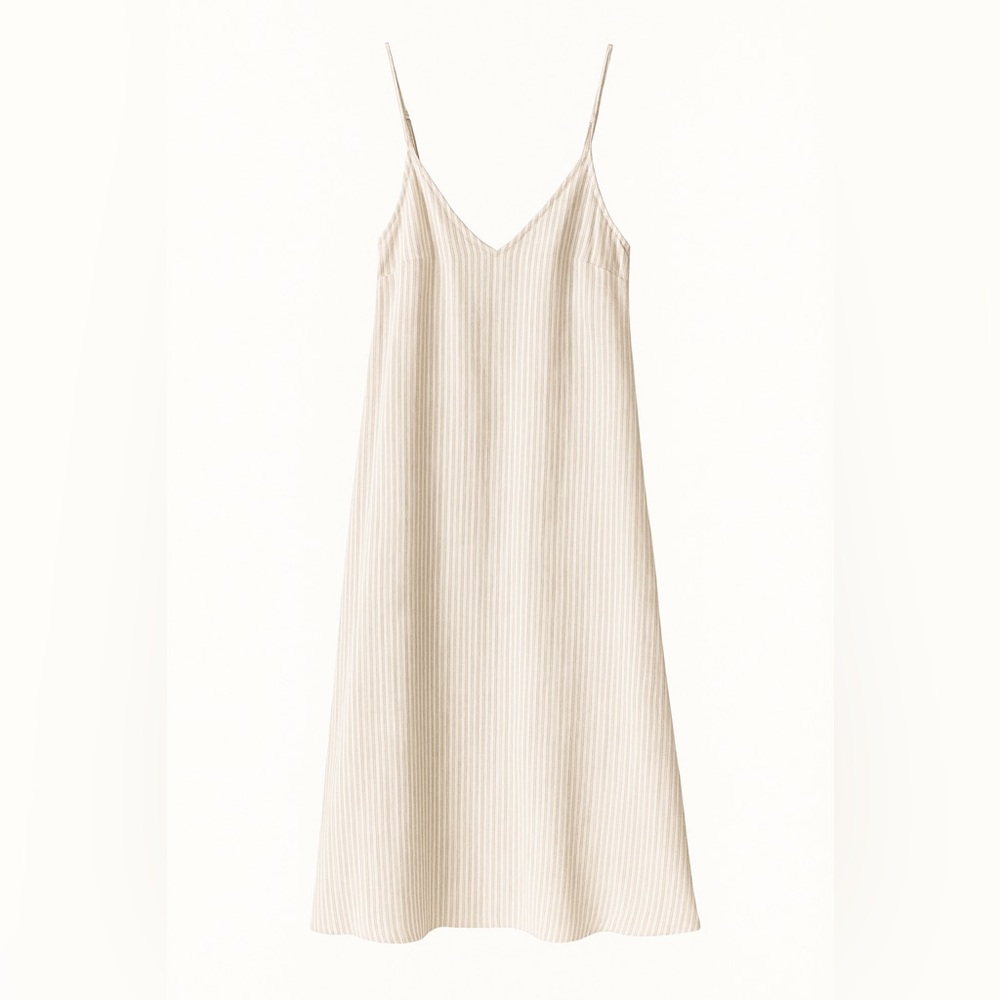 Time and True Tan White Stripped Strap Linen Dress w/ Pockets, Slit Size Medium